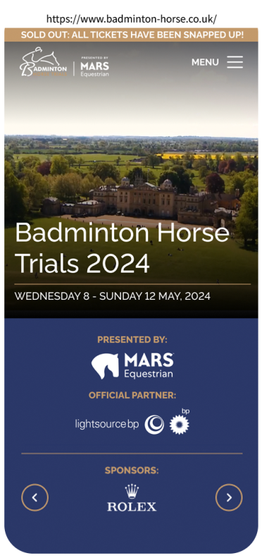 Badminton Horse Trials website presented on a mobile device