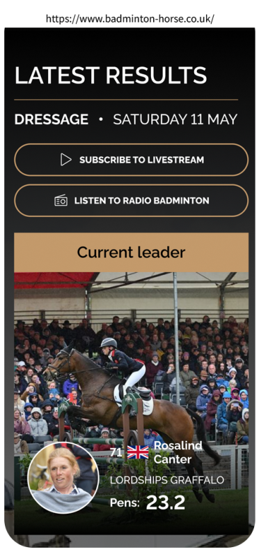 Badminton Horse Trials website presented on a mobile device