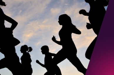 a silhouetted image of people running. 