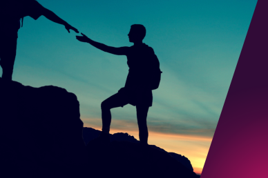 A picture of two people reaching out to each other in a silhouette style