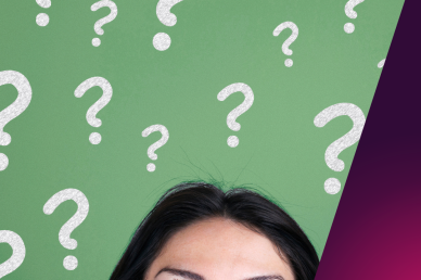 A woman with question marks at the top of her head
