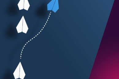 a graphic illustrating a paper plane deviating from others path