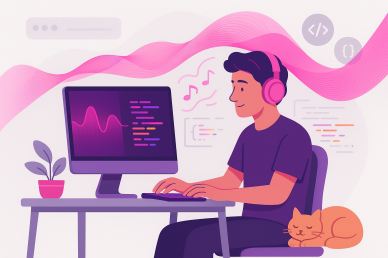A man in front of a computer, vibe coding with headphones