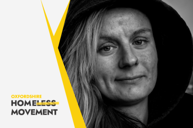 Portrait of a woman in a hooded jacket beside the Oxfordshire Homeless Movement logo