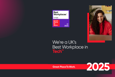 Promotional graphic celebrating Versantus as one of the UK's Best Workplaces in Tech 2025, featuring the Great Place to Work® badge