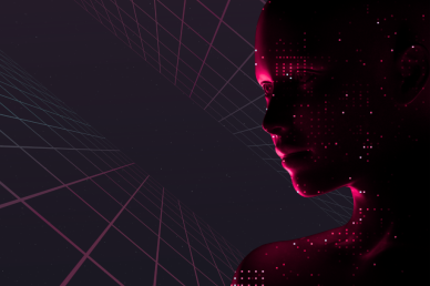 Digital illustration of a humanoid figure composed of glowing pink particles