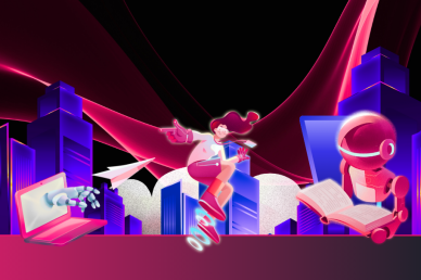 Futuristic digital artwork showing a woman flying with jet boots, a robot reading a book, a robotic hand emerging from a laptop