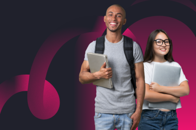 Two diverse students smiling and holding laptops against a modern dark and magenta background, representing technology and learning.