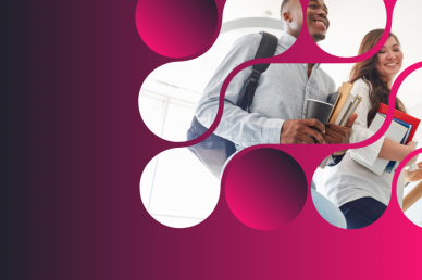 Smiling professionals carrying notebooks and coffee cups, walking together through a modern office space with a magenta geometric overlay design