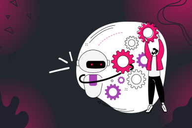 Illustration of a robot and person assembling gears inside a human head silhouette