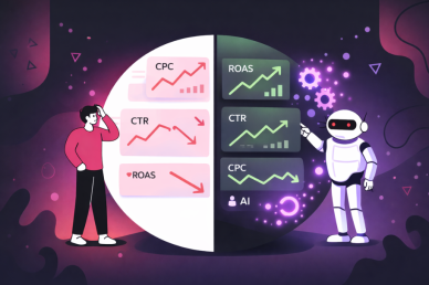 Illustration comparing human vs AI analysis of marketing metrics