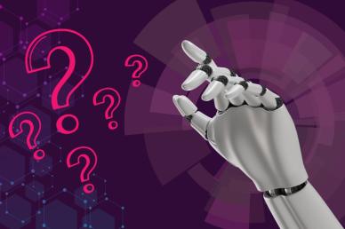 Question mark and AI hand