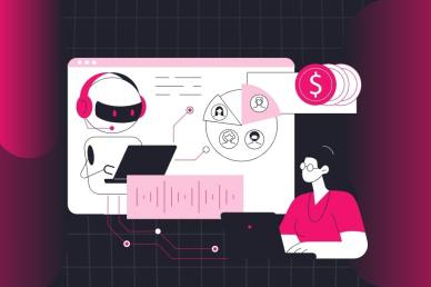 Illustration of a user working alongside an AI customer support bot displaying business analytics and customer data