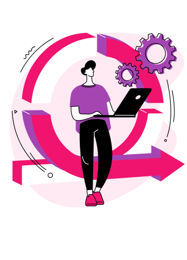 Illustration of a person working on a laptop in front of circular arrows and gears, symbolising Agile workflows and iterative development