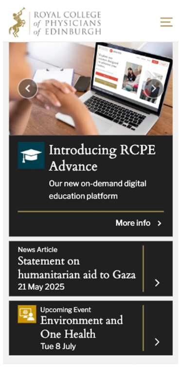 Mobile view of the Royal College of Physicians of Edinburgh website highlighting RCPE Advance and upcoming events