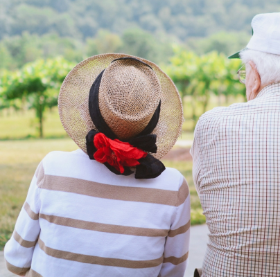 An older couple sitting on a stone path, facing a lush green vineyard photo by Photo by Christian Bowen on Unsplash