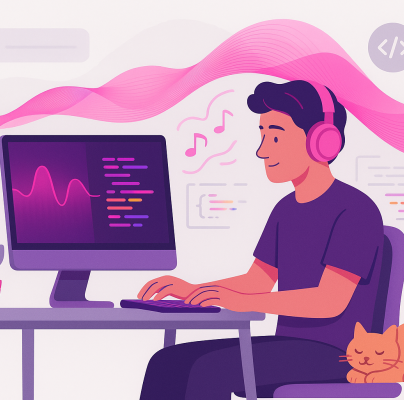 A man in front of a computer, vibe coding with headphones