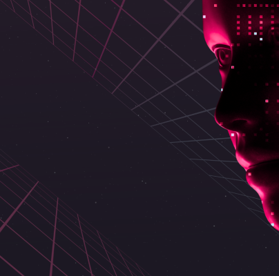 Digital illustration of a humanoid figure composed of glowing pink particles