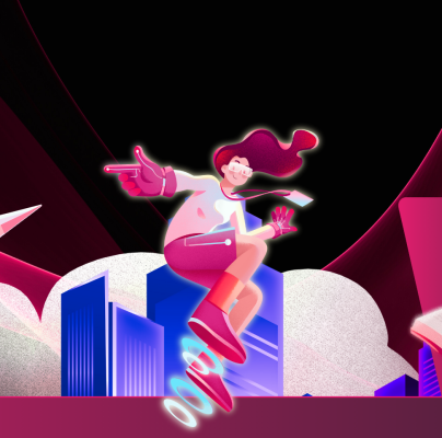 Futuristic digital artwork showing a woman flying with jet boots, a robot reading a book, a robotic hand emerging from a laptop