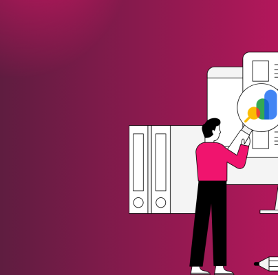 Illustration of two professionals analyzing data on a large screen