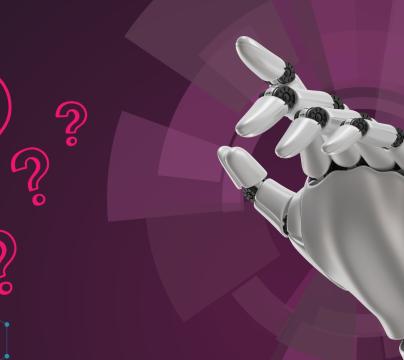 Question marks and AI hand