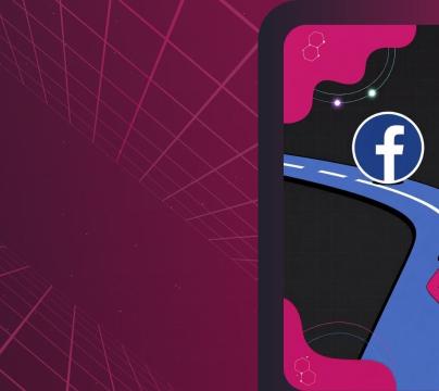 A person choosing between blue Facebook and magenta Google paths at a fork.