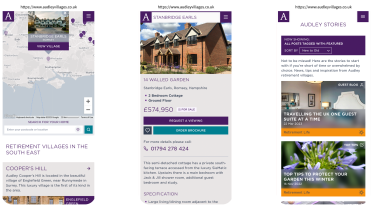 Mockup of Audley villages website on three mobile devices