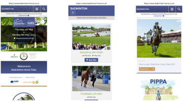 Mockup of Badminton Horse Trials website displayed on three mobile devices