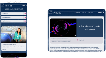 Mockup of Oxford University Physics department website displayed on a mobile and tablet devices