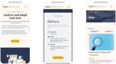 Mockup of Text Inspector website on three mobile devices