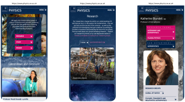 Mockup of Oxford University Physics department website displayed on three mobile devices
