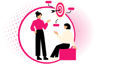 Strategic goal setting and collaborative planning illustration Illustration of two individuals discussing ideas with a target and arrows representing strategic goals and planning