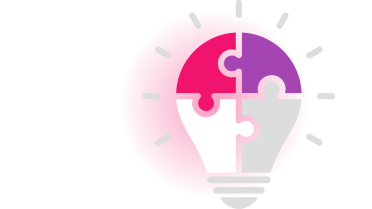 Lightbulb Puzzle Icon A lightbulb icon composed of puzzle pieces in pink, purple, and grey