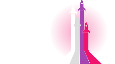 Rocket launch illustration Illustration of three rockets in white, grey, and purple launching upward with vibrant pink trails