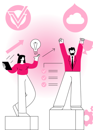 Business Growth & Strategy Collaboration Illustration of two business professionals collaborating, surrounded by icons