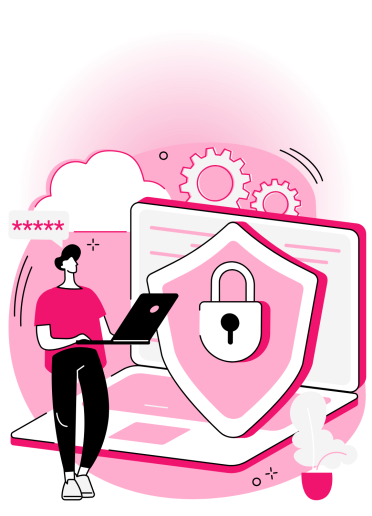 Secure Online Access and Cloud Protection Illustration of a person using a laptop with a security shield and padlock