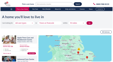 Find a Care Home Website interface for finding a care home from The Orders of St John Care Trust