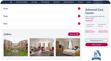 Ashwood Care Centre Webpage for Ashwood Care Centre showing tabs for food, team, and fees, along with a photo gallery
