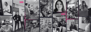Meet the Versantus team – collaboration, fun, and dedication in action Collage of Versantus team members at work and during social events, shown in black and white with magenta accents