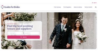 Find the best wedding venues and suppliers with Guides for Brides A bride and groom smile as they walk out of a venue while guests throw confetti, featured on the homepage of a wedding planning website