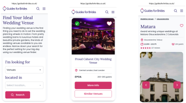 Browse and compare wedding venues on the Guides for Brides mobile site Mobile interface of the Guides for Brides website