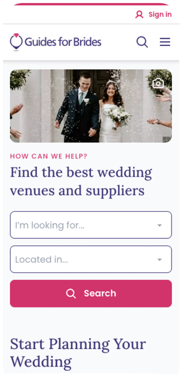 Plan your wedding easily with the Guides for Brides mobile website Mobile view of the Guides for Brides website showing a bride and groom celebrating with confetti and a search tool to find wedding venues and suppliers