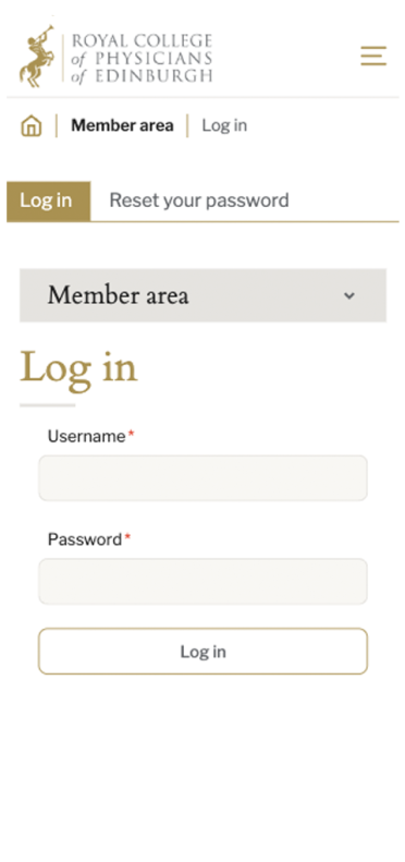 Mobile login screen for the Royal College of Physicians of Edinburgh member area with fields for username and password