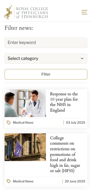 Mobile view of RCPE news filter page with recent articles