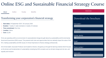 Desktop view of Oxford Saïd Business School’s Online ESG and Sustainable Financial Strategy course page