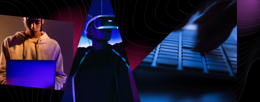 Collage of three futuristic scenes: a person using a glowing laptop, an individual immersed in virtual reality wearing a VR headset, and a close-up of fingers typing on a keyboard