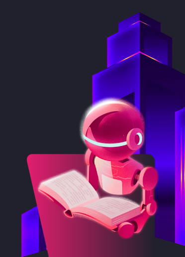 AI Robot Learning in a Futuristic Neon City Pink and red robot reading an open book in a neon-lit futuristic cityscape