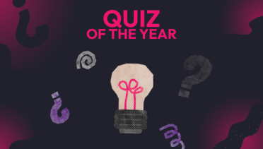 Bright pink “Quiz of the Year” text with illustrated light bulb and question marks