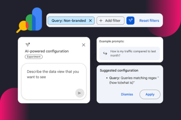 Google Search Console AI-powered configuration interface showing non-branded query filter and suggested data insights.