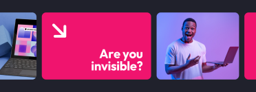 Marketing banner asking Are you invisible? alongside a man holding a laptop, representing online visibility.